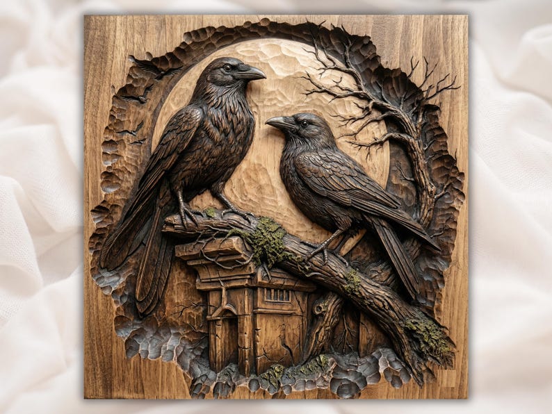 Raven Pair 3D STL Relief Panel