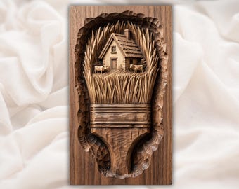 Farmhouse Paint Brush STL| Rustic Cottage Wall Art |Cottage in Paintbrush Art | Farm Relief CNC Model | Rustic Country Decor