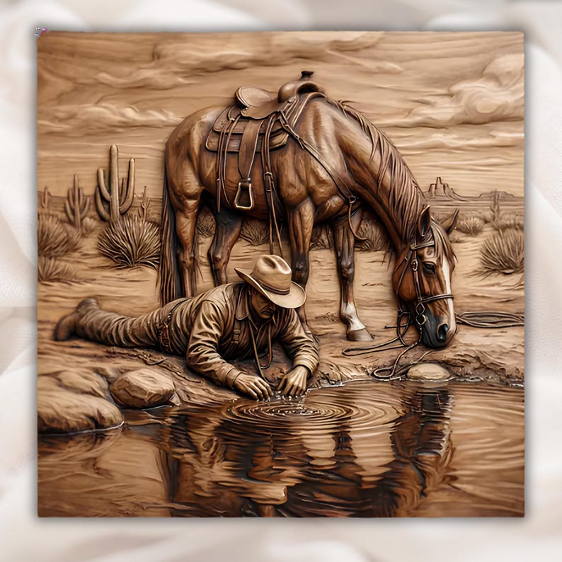 May include: A detailed wood carving depicts a cowboy and horse at a watering hole in a desert landscape. The cowboy, wearing a hat, leans toward the water, while the horse drinks. The scene is rendered in shades of brown, with cacti and distant mesas.