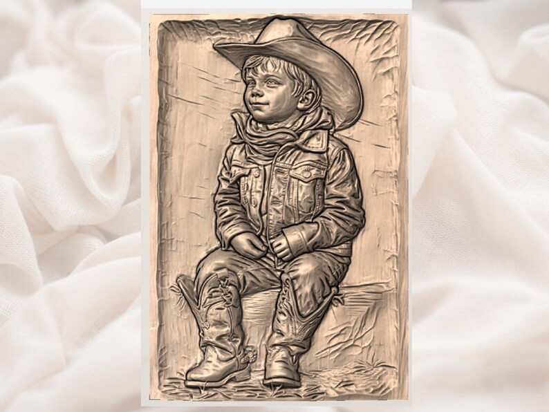 May include: A detailed relief carving of a young child dressed as a cowboy, wearing a hat, jacket, scarf, and boots. The artwork is in shades of brown and beige, with intricate details in the clothing and facial features. The child is seated, with a thoughtful expression.