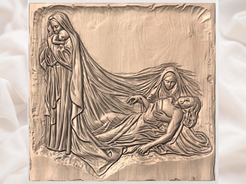 May include: A carved wooden relief depicting a religious scene. Two robed figures stand, one holding a baby, while another figure lies in the foreground. The relief is carved in a light brown color, with detailed drapery and facial features.