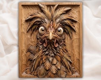 Wild Expressive Rooster Wall Art CNC Relief STL | Rustic Farmhouse Decor Panel | Whimsical Chicken Wood Carving Design | VCarve Carveco
