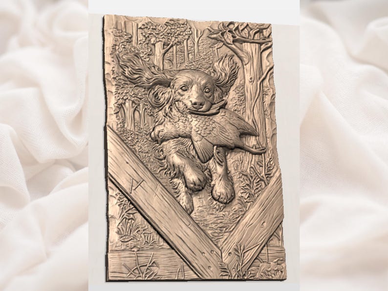 May include: A bronze relief carving of a dog with a bird in its mouth, set in a forest scene. The dog is running, with its ears flowing. The carving includes trees, foliage, and wooden fence elements, all in a bronze hue.