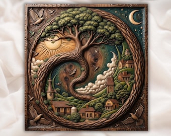 Sun Moon Tree of Life STL | Nature Village Relief | Tree of Life Relief | Yin Yang Village Wall Art | CNC Router File | Rustic Wood Wall Art