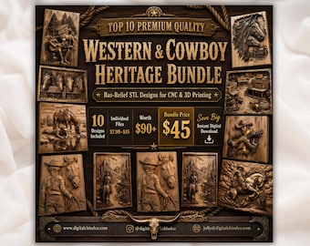 Pacote Premium de Cowboy do Oeste | Arquivos STL em 3D para Escultura em Madeira com Cavalos, Rancho e Saloon | Conjunto de Baixo-Relevo para Decoração Rústica com Roteador CNC