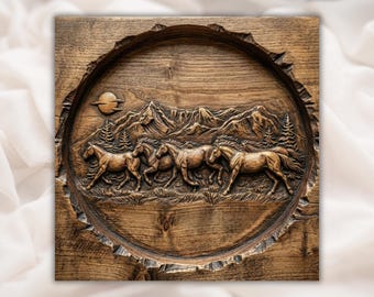 Wilde Pferde laufend 3D Relief STL | Bergszene Runde Holzmaserung Schnitzerei | Aspire, VCarve Pro, Carveco, Fusion 360, ArtCAM