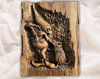 Fantasy Gnome Mouse 3D Relief STL | Gnome with Lute & Mouse CNC Router Wood Carving Panel | Whimsical Wall Art  | Home Decor