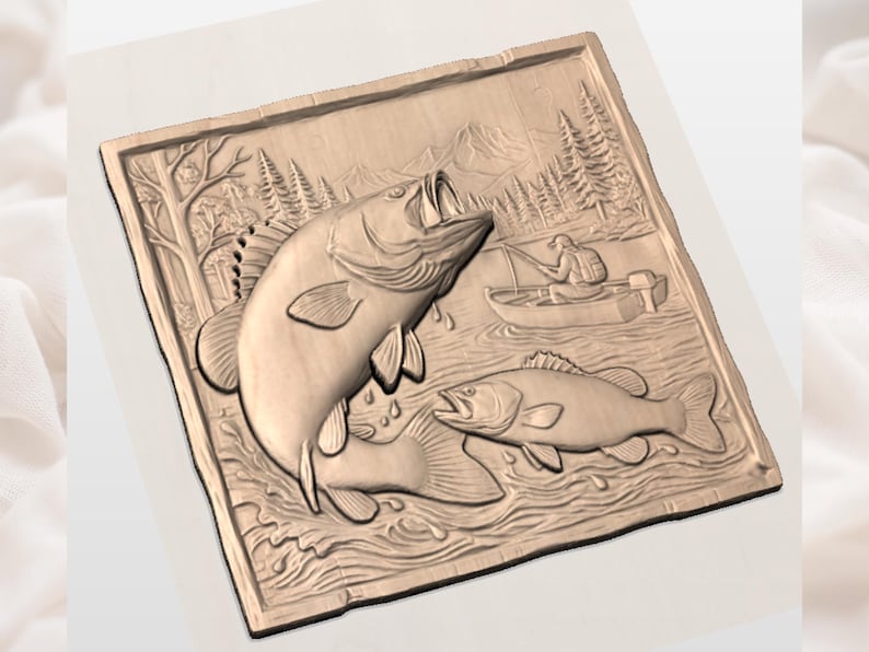 May include: A wooden relief carving showing a fishing scene. Two fish are featured, with one leaping out of the water. A person in a boat is fishing in the background, with trees and mountains in the distance. The carving is framed.