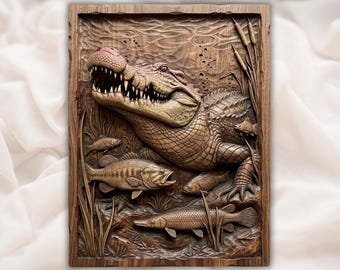 Rzeźba 3D z bagna aligatora, STL | Rzeźba z drewna z krokodylem i rybą | Sztuka ścienna z dziką przyrodą | Scena z aligatorem łowiącym ryby, STL | Naklejka ścienna z drapieżnikiem z bagna