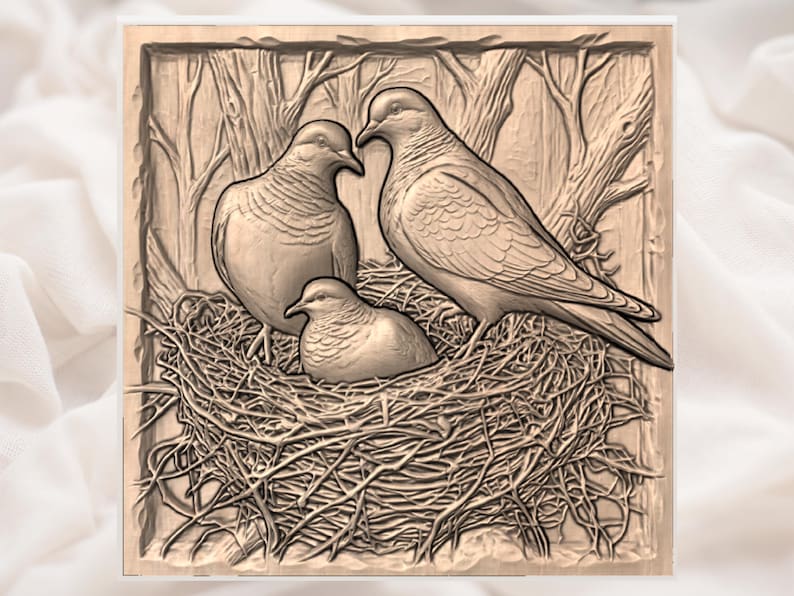May include: A wooden relief carving depicting a family of doves in a nest. The artwork features two adult doves and one chick nestled in a detailed nest, set against a backdrop of stylized trees. The piece is finished in a natural wood tone.