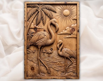 Flamingo Beach STL | Coastal Scene Relief | Palm Tree Wall Decor | Tropical Sun Artwork | Wood Carving Design | Ocean Plaque File
