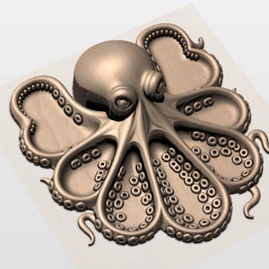 Puede incluir: Una escultura tridimensional detallada de un pulpo. La escultura es de color marr&oacute;n claro y presenta detalles intrincados, incluidos los ventosas en los tent&aacute;culos y la textura de la piel. El pulpo est&aacute; centrado y parece ser un art&iacute;culo decorativo.