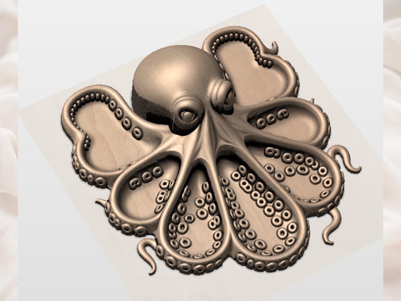 Puede incluir: Una escultura tridimensional detallada de un pulpo. La escultura es de color marr&oacute;n claro y presenta detalles intrincados, incluidos los ventosas en los tent&aacute;culos y la textura de la piel. El pulpo est&aacute; centrado y parece ser un art&iacute;culo decorativo.