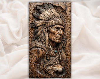Tribal Native Elder STL| Headdress Carving Art | Wolf Companion Decor | Rustic Cabin Plaque | Engraved Wood Look | Western Wall Piece