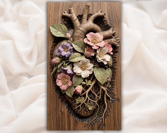 Corazón anatómico floral STL / Decoración botánica de pared / Archivo de tallado CNC / Relieve para impresión 3D / Arte con vetas de madera / Panel de corazón natural