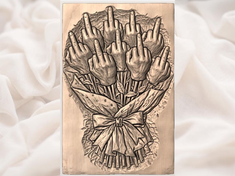 May include: A wooden plaque featuring a carved bouquet of hands giving the middle finger. The bouquet is wrapped with a ribbon and leaves. The artwork is in shades of brown and beige.
