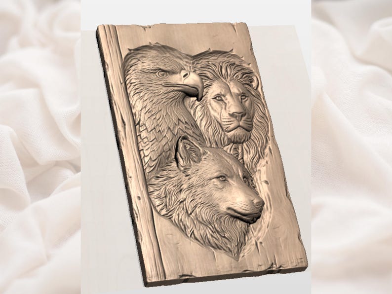 Eagle Lion Wolf STL | Wildlife Trio Relief | Rustic Wall Decor | Wood Carving Design | Animal Spirit Art | Nature Plaque |Lodge Wall Artwork image 2