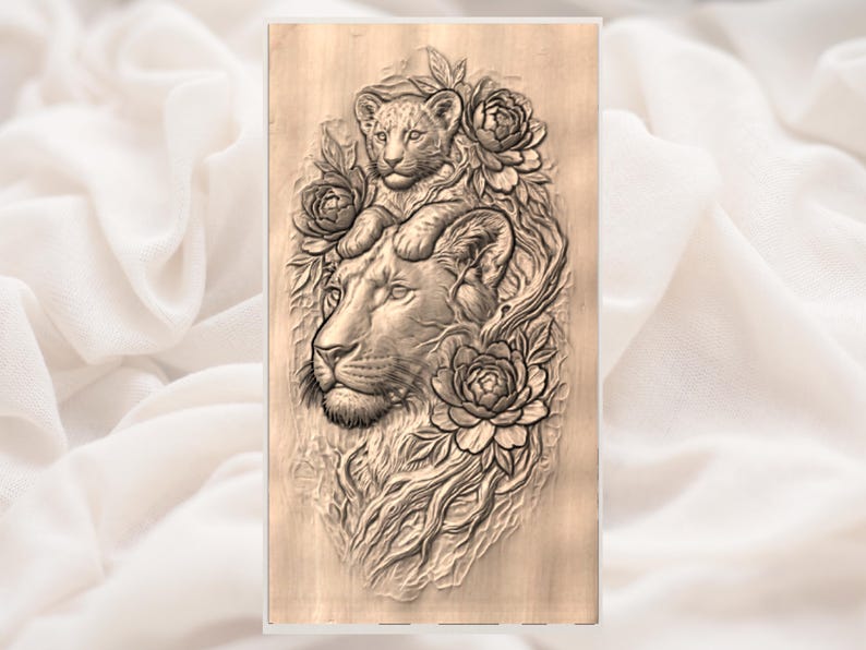 May include: A detailed wood carving of a lioness with a cub, surrounded by floral elements. The artwork is in shades of brown and beige, with intricate details. The lioness and cub are the focal point, with the flowers adding a decorative touch.