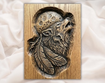 Howling Wolf Moon 3D-reliëf STL | Aspire, VCarve Pro, Carveco, Fusion 360, ArtCAM | Wandpaneel wolfskop veren | Rustiek interieur