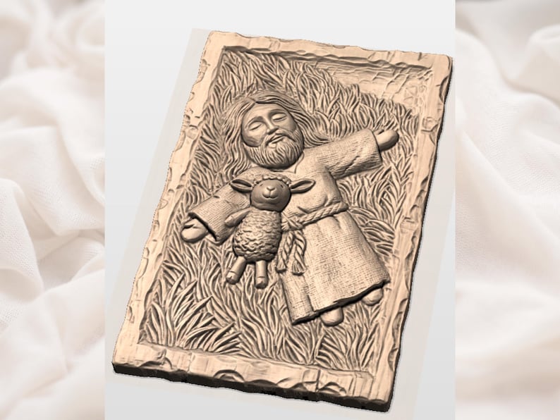 Jesus and Lamb Relief STL | Christian Nursery Wall Art | Good Shepherd Faith Decor | Hand Carved Wood Grain Plaque | Home Decor image 2