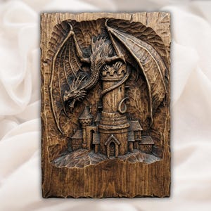 May include: A detailed wood carving of a dragon perched atop a castle tower. The dragon has large wings and is intricately carved. The castle has multiple turrets and a detailed facade. The wood has a warm, brown tone.