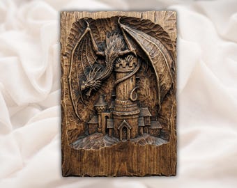 Dragon Castle 3D Relief STL | Fantasy Wood Carving CNC Router File | Medieval Dragon Wall Art | 3D Print Model | Laser Engraving Design