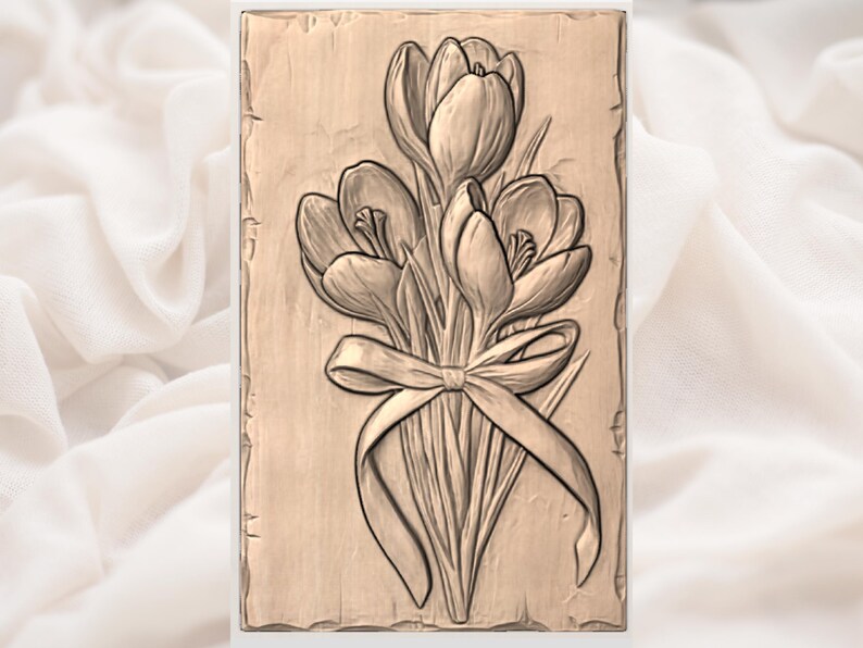 CNC bas-relief wood carving of three crocus flowers tied with a yellow ribbon. The bouquet is carved into a rustic wooden plaque with natural grain and textured, chiseled edges. The flowers display detailed petals and stamens in soft earth tones with muted yellow highlights.