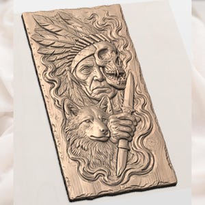 Native Warrior Skull Wolf 3D Relief STL view 2