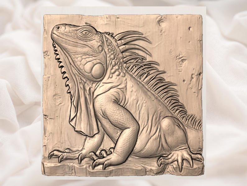 May include: A detailed relief carving of an iguana, rendered in a light brown hue. The iguana is depicted in a side profile, showcasing its textured skin, spiky dorsal crest, and prominent dewlap. The carving is set against a textured, rectangular background.