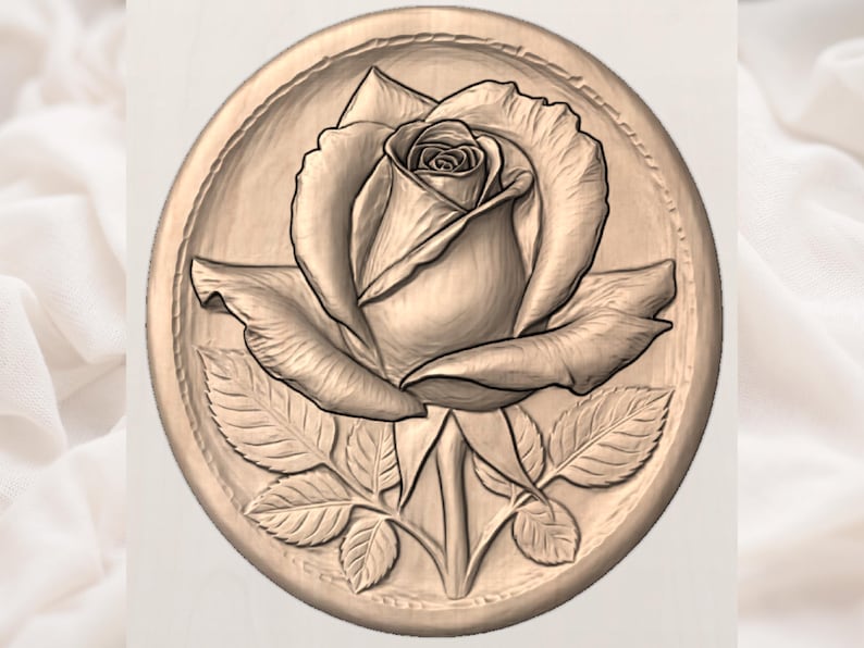 May include: A detailed relief carving of a rose in full bloom, set within a circular frame. The rose features intricate petal and leaf details. The carving is in a warm, natural wood tone, with a three-dimensional effect.