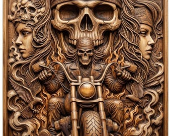 Outlaw Biker Skull & Flames CNC Relief STL | Motorcycle Wall Art Design | Rebel Eagle Woodworking Panel | Man Cave Decor