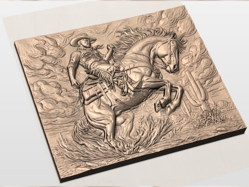 May include: A detailed wood carving shows a cowboy on a rearing horse. The relief carving shows the cowboy wearing a hat and chaps, set against a backdrop of clouds, a cactus, and tall grass. The artwork is in shades of brown.