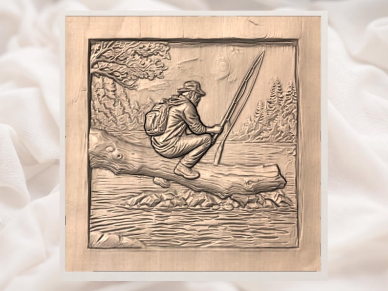 May include: A wooden relief carving of a person fishing. The figure, wearing a hat and backpack, sits on a log with a fishing rod. The background shows a forest, water, and a sunny sky. The artwork is framed in a wooden border.