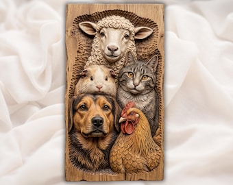 Barnyard Pets STL | 3D Relief CNC Carving | Farmhouse Animal Collage Wall Art Panel | Sheep Dog Cat Chicken Guinea Pig Wood Carving Panel