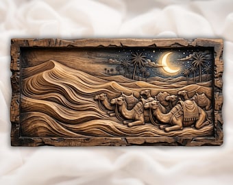 Arte de parede em STL de caravana de camelos no deserto | Relevo de oásis nas dunas iluminado pelo luar | Design de relevo CNC do deserto da Arábia | Decoração de paisagem noturna com caravana de camelos