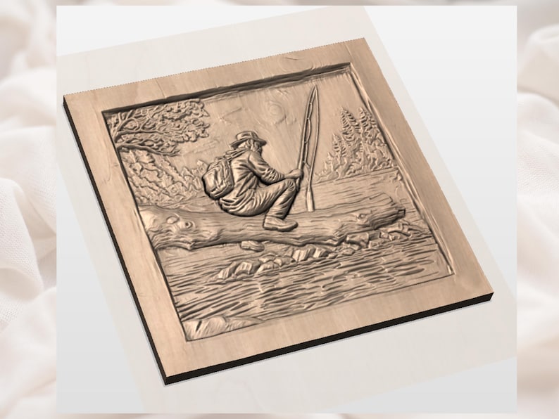 May include: Wooden relief carving of a person fishing. The artwork shows a person sitting on a log with a fishing rod, a backpack, and a hat. The background includes trees, water, and a sky. The piece is framed.