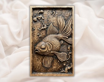 File STL per intaglio 3D di pesce rosso in rilievo / Decorazione murale con pesce e venature del legno / Compatibile con fresatrici CNC, Aspire, VCarve Pro, Carveco, Fusion 360, ArtCAM / Decorazione per la casa