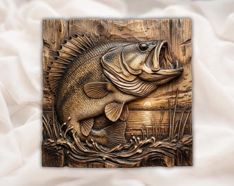 Bas wielkogębowy, relief 3D STL | Panel ścienny Sunset Lake Fishing | Plik do grawerowania CNC, wydruk 3D, grawer laserowy | Pobieranie cyfrowe