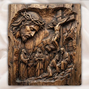 May include: A detailed wooden carving depicting a religious scene. The artwork features a depiction of Jesus wearing a crown of thorns, the crucifixion, and figures in robes. The carving is in shades of brown and has a textured appearance.