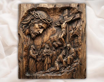 Jesus on the Cross 3D Relief STL | Full Calvary Crucifixion Scene | CNC Router Wood Carving Panel | Biblical Christian Church Wall Art Decor