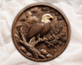 Águila calva redonda STL / Archivo de tallado de madera CNC en relieve 3D / Placa de pared de águila americana / Modelo de impresión 3D de vida silvestre