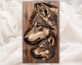 Wolf Family STL | Mother Pup Relief | Rustic Cabin Wall Decor | Woodland Animal Art | Wood Carving Design | Spiritual Wall Plaque