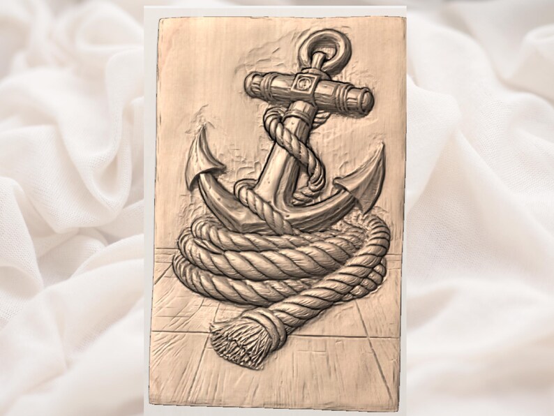 Pode incluir: Uma escultura em relevo detalhada de uma &acirc;ncora e uma corda enrolada. A &acirc;ncora est&aacute; centralizada, com a corda enrolada ao seu redor e estendendo-se para baixo. A obra de arte &eacute; em tons de castanho, sugerindo um tema n&aacute;utico.