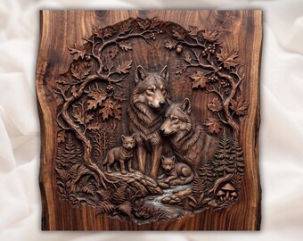 Painel de Arte de Parede com Família de Lobos na Floresta | Design Rústico em Relevo CNC de Lobo | Decoração Esculpida em Riacho com Alcateia de Lobos na Floresta | Decoração de Lobo Solitário Inspirada na Cultura Nativa Americana