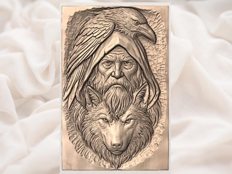 May include: A detailed wood carving depicts a bearded figure with a raven above and a wolf below. The carving is in shades of brown and tan, with intricate details in the faces and feathers.