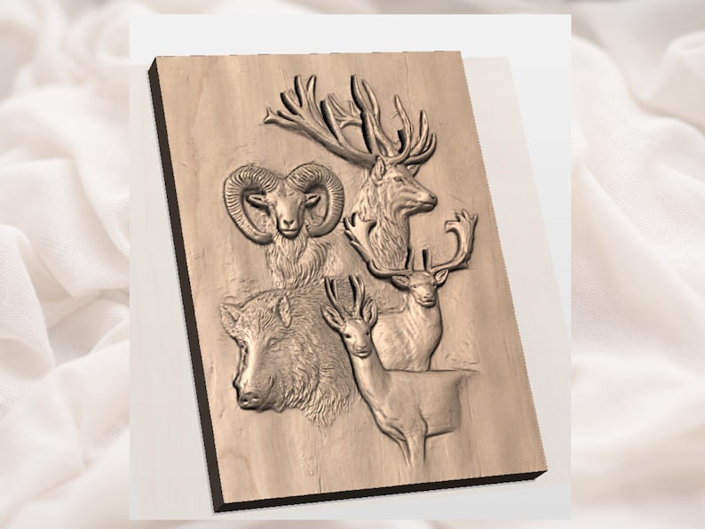 May include: A wooden relief carving featuring five different animals: a ram, a deer with large antlers, a deer with smaller antlers, a deer, and a boar. The animals are carved in a detailed, three-dimensional style.
