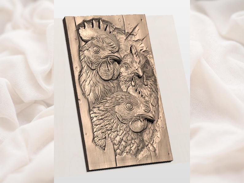 May include: A wooden relief carving featuring three chickens. The chickens are intricately carved with detailed feathers and facial features. The artwork is a warm brown color and mounted on a wooden plank.