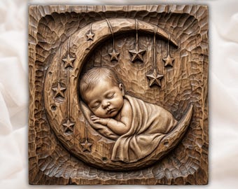 Sleeping Baby On Moon Celestial Nursery Decor CNC Relief STL | Moon and Stars Wood Carving | New Baby Gift Wall Art Panel