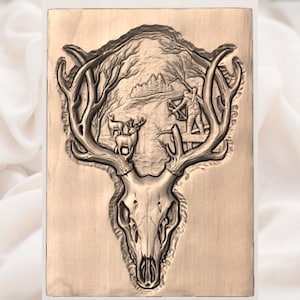 Deer Skull Antler Hunting Relief STL view 2