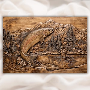 Jumping Trout 3D Relief STL view 1